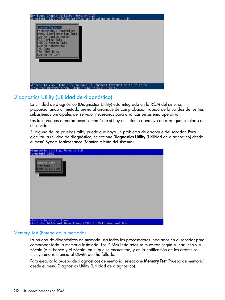Diagnostics utility (utilidad de diagnóstico), Memory test (prueba de la memoria) | HP ROM-Based Setup Utility (Guía de usuario) Manual del usuario | Página 212 / 229
