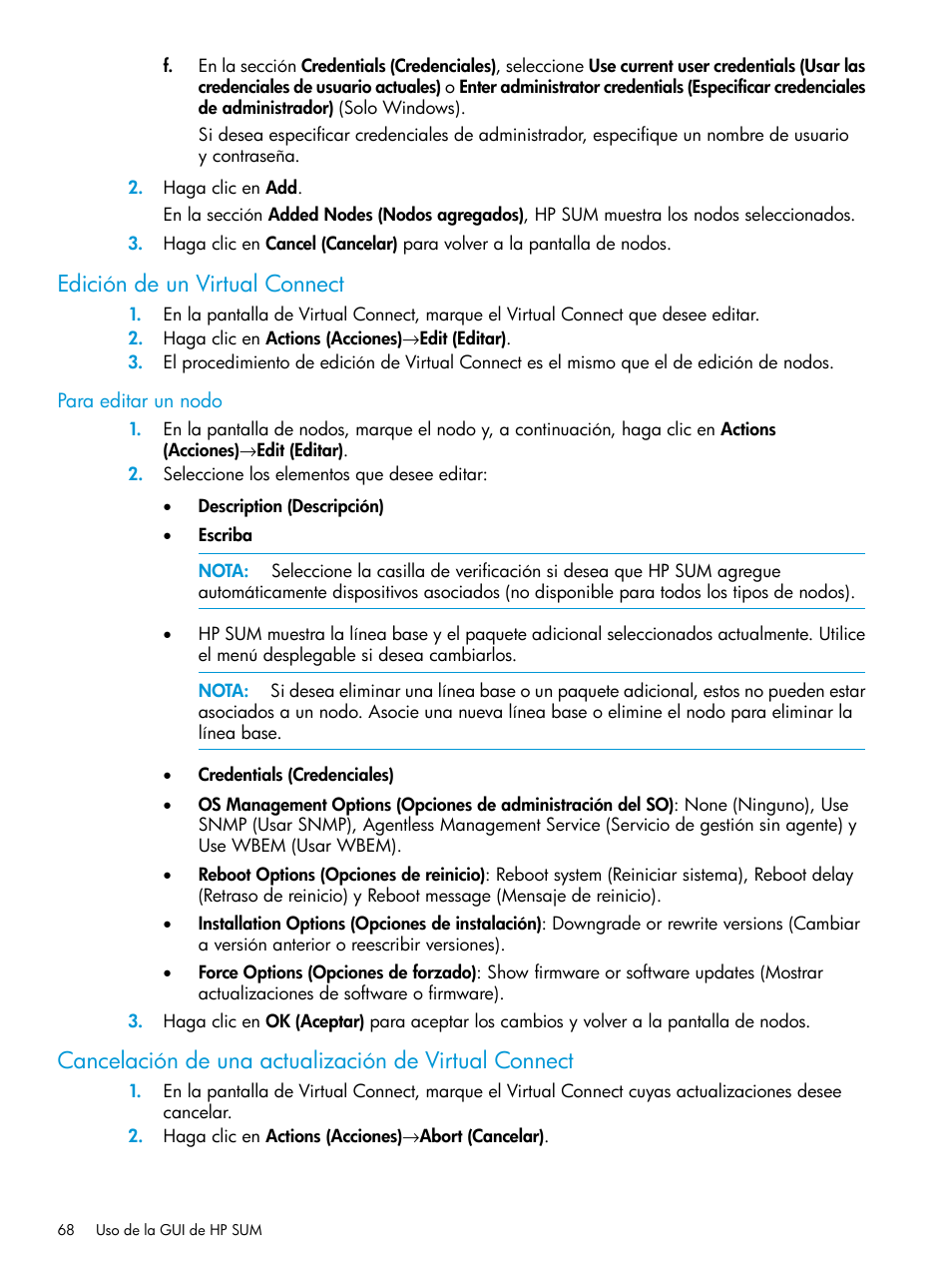 Para editar un nodo, Edición de un virtual connect | HP Smart Update Manager Manual del usuario | Página 68 / 134