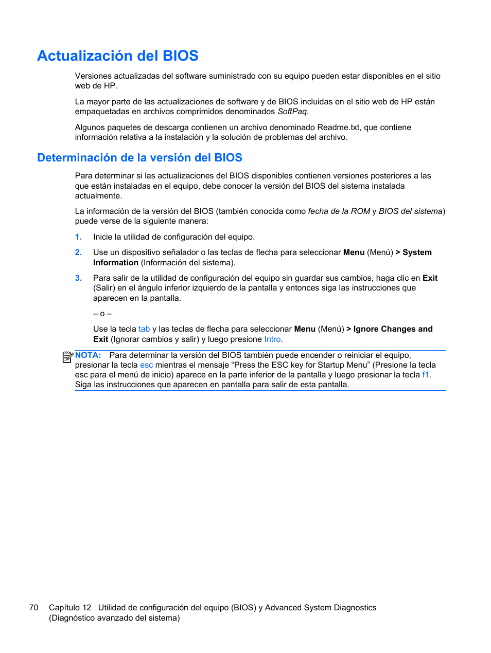 Actualización del bios, Determinación de la versión del bios | HP PC Notebook HP EliteBook 840 G1 Manual del usuario | Página 80 / 96