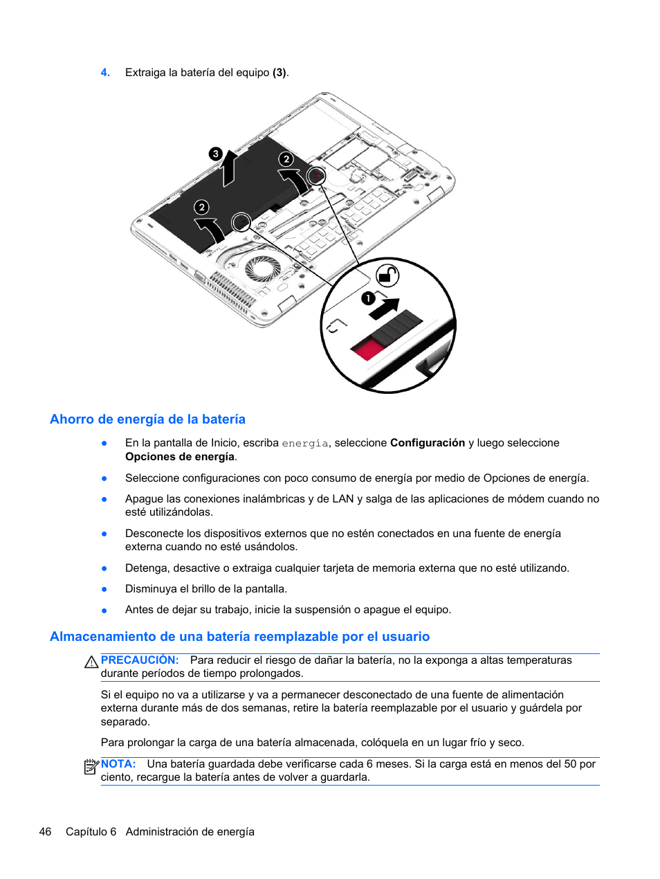 Ahorro de energía de la batería | HP PC Notebook HP EliteBook 850 G1 Manual del usuario | Página 56 / 116