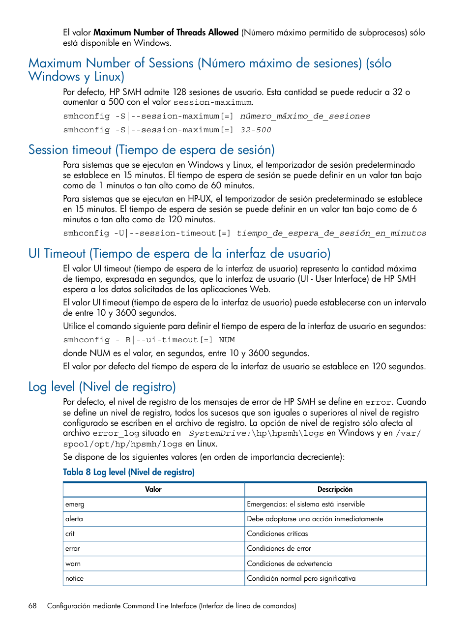 Session timeout (tiempo de espera de sesión), Log level (nivel de registro) | HP Software HP System Management Homepage Manual del usuario | Página 68 / 105
