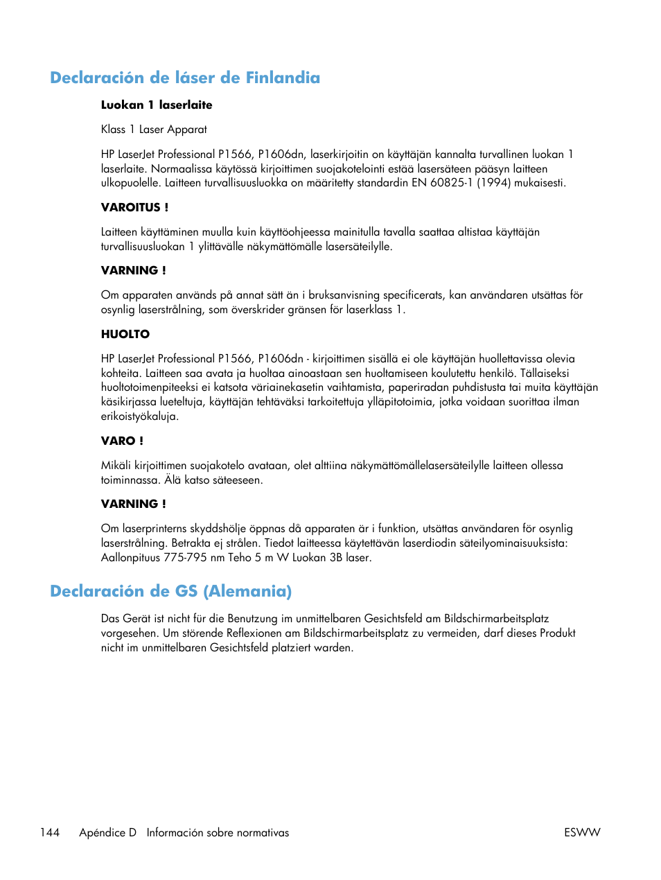Declaración de láser de finlandia, Declaración de gs (alemania) | HP Laserjet p1606dn Manual del usuario | Página 158 / 168