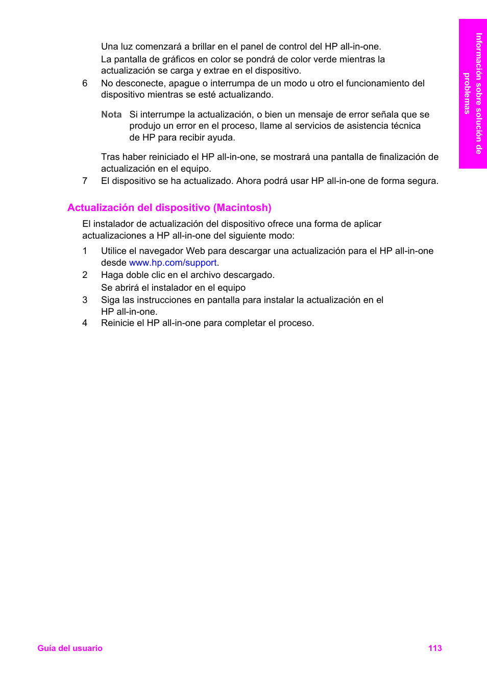 Actualización del dispositivo (macintosh) | HP Impresora Todo-en-Uno HP PSC 2350 Manual del usuario | Página 116 / 142
