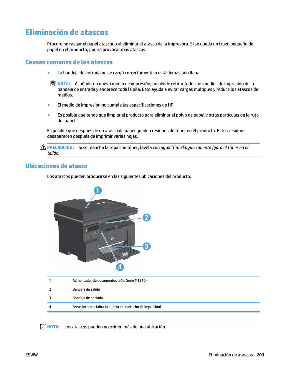 Eliminación de atascos, Causas comunes de los atascos, Ubicaciones de atasco | HP laserjet m1212nf Manual del usuario | Página 217 / 288