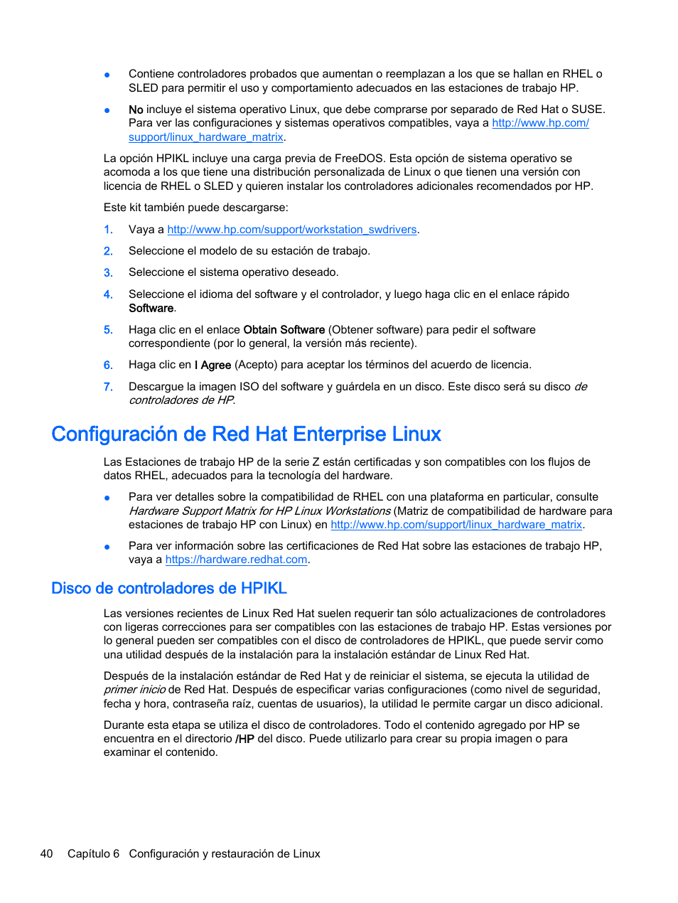 Configuración de red hat enterprise linux, Disco de controladores de hpikl | HP Estación de trabajo HP Z820 Manual del usuario | Página 48 / 61