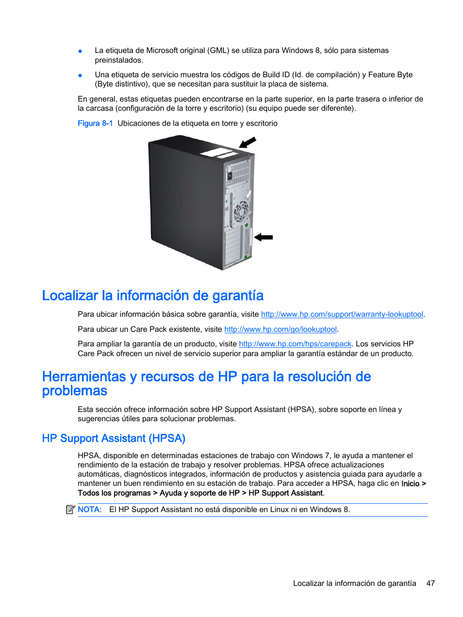 Localizar la información de garantía, Hp support assistant (hpsa) | HP Estación de trabajo HP Z820 Manual del usuario | Página 55 / 61