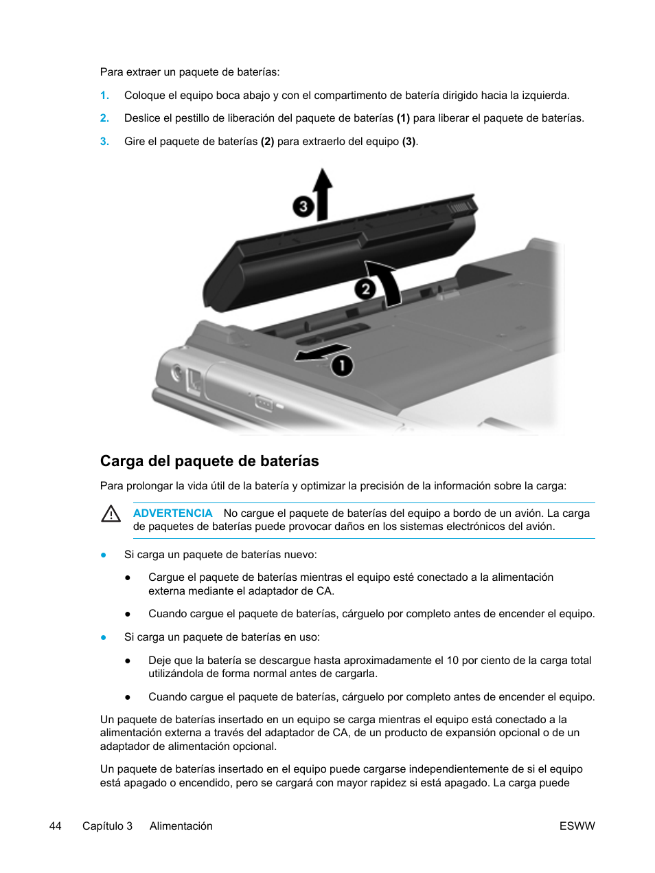 Carga del paquete de baterías | HP PC Portátil HP Pavilion dv5058ea Manual del usuario | Página 54 / 224