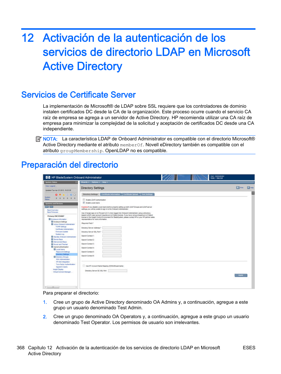 Servicios de certificate server, Preparación del directorio | HP Onboard Administrator Manual del usuario | Página 377 / 404