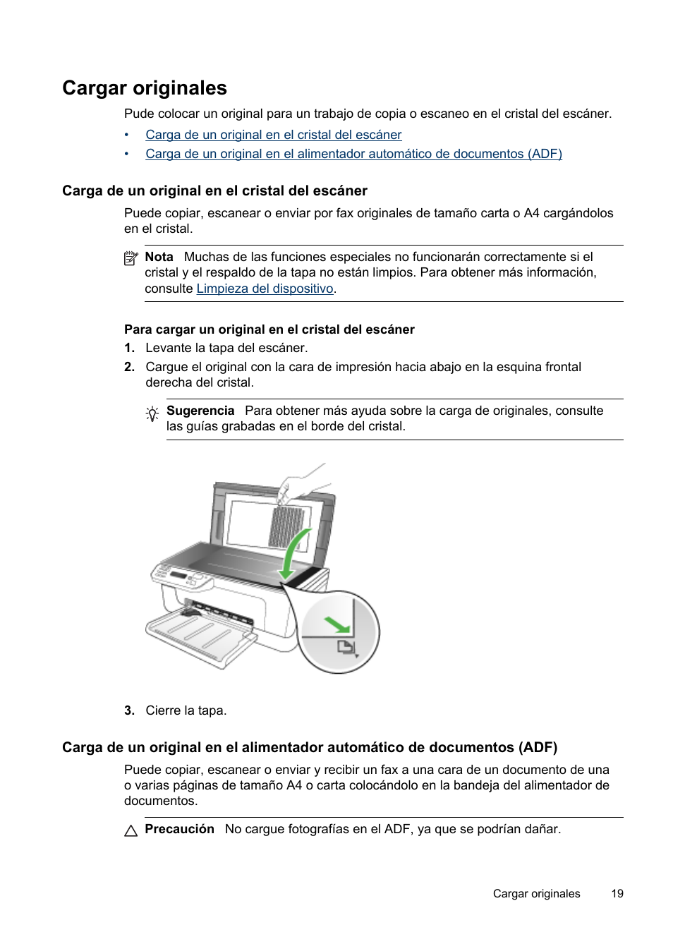 Cargar originales, Carga de un original en el cristal del escáner | HP Officejet J4680 Manual del usuario | Página 23 / 222