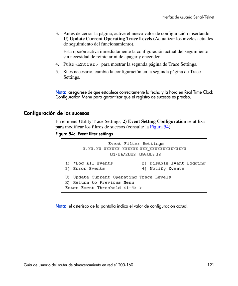 Configuración de los sucesos, Figura 54: event filter settings | HP Router de almacenamiento en red HP e1200-160 Manual del usuario | Página 121 / 194