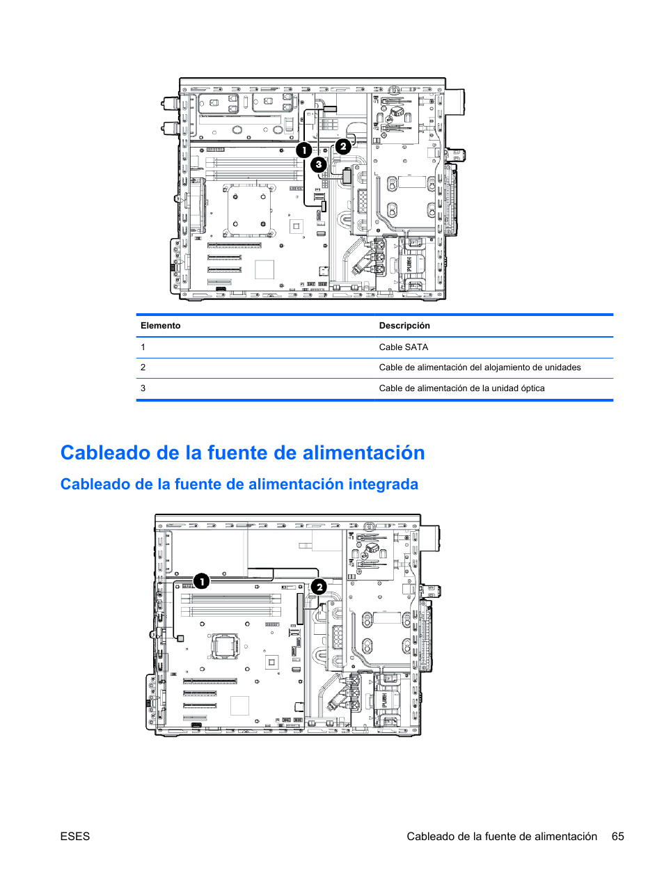 Cableado de la fuente de alimentación, Cableado de la fuente de alimentación integrada | HP Servidor HP ProLiant ML310e Gen8 v2 Manual del usuario | Página 72 / 105