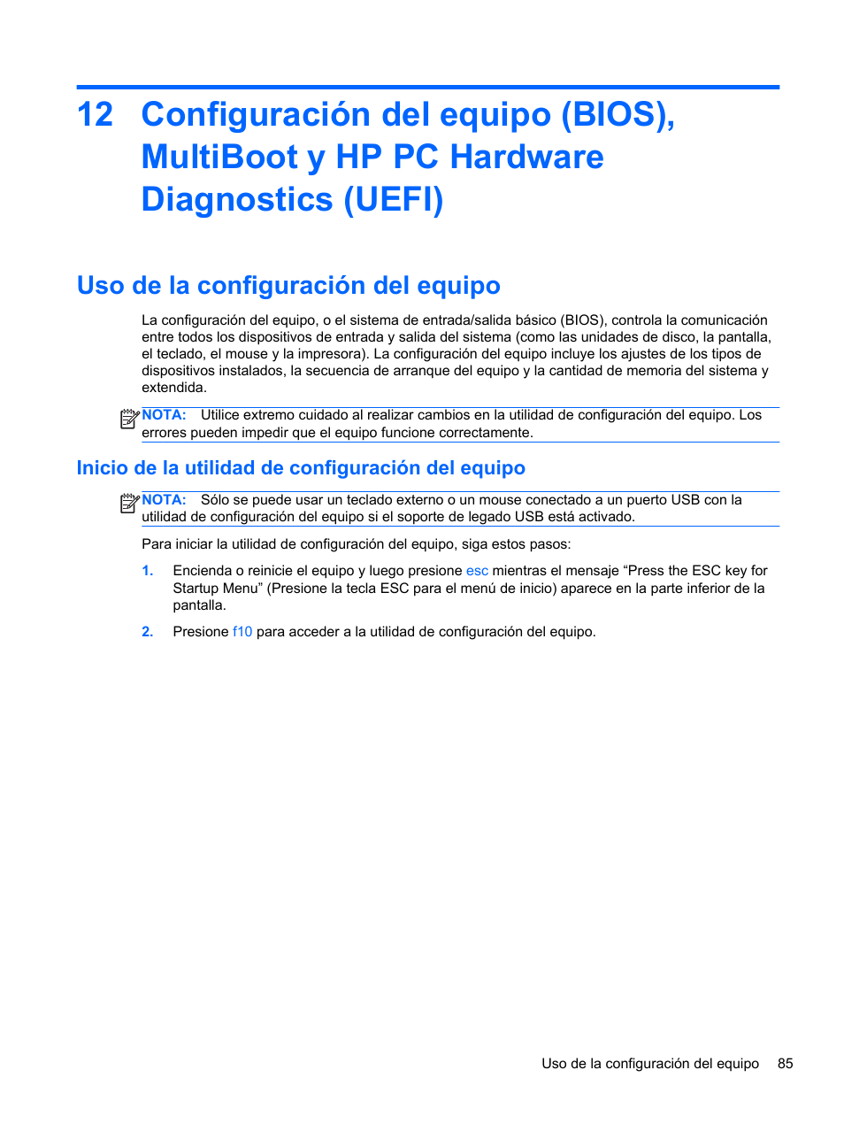 Uso de la configuración del equipo, Inicio de la utilidad de configuración del equipo | HP Estación de trabajo portátil HP ZBook 15 Manual del usuario | Página 95 / 117