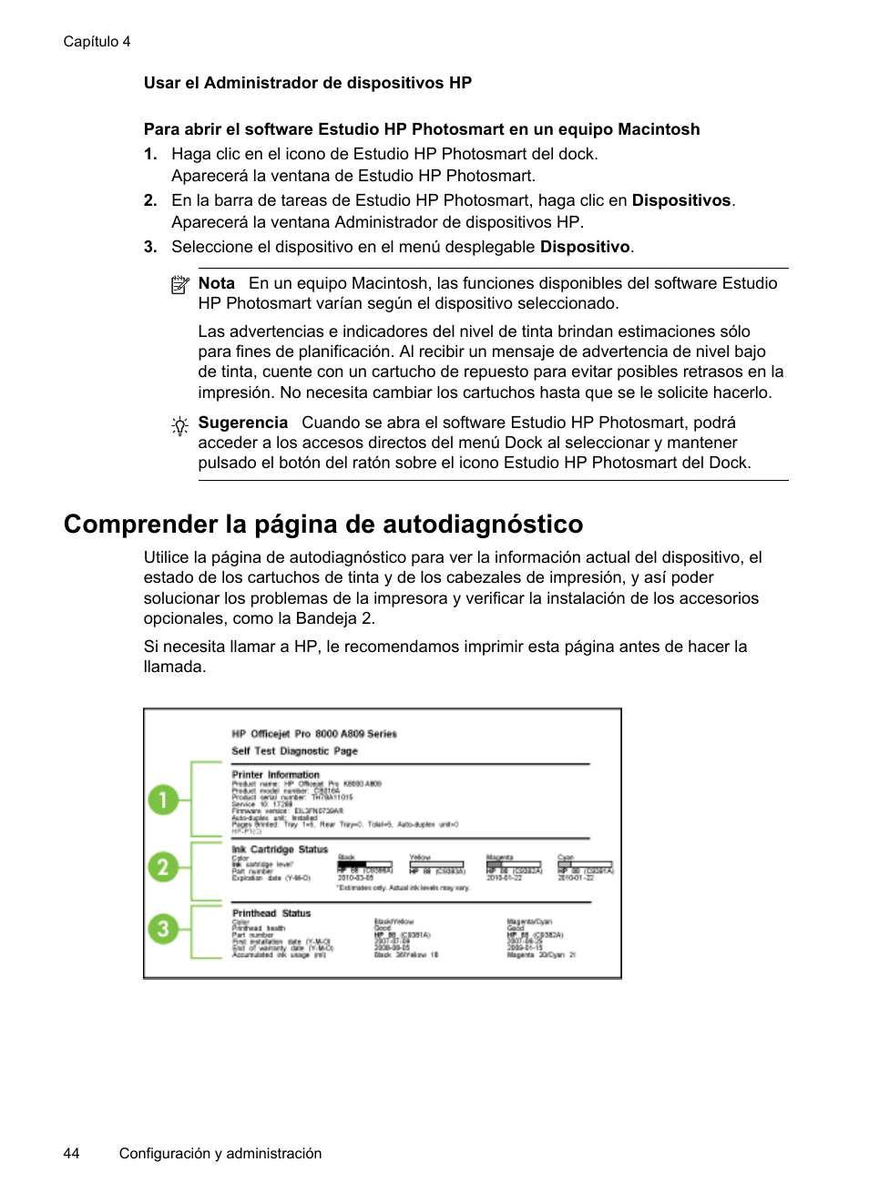 Usar el administrador de dispositivos hp, Comprender la página de autodiagnóstico | HP Officejet Pro 8000 - A809 Manual del usuario | Página 48 / 150