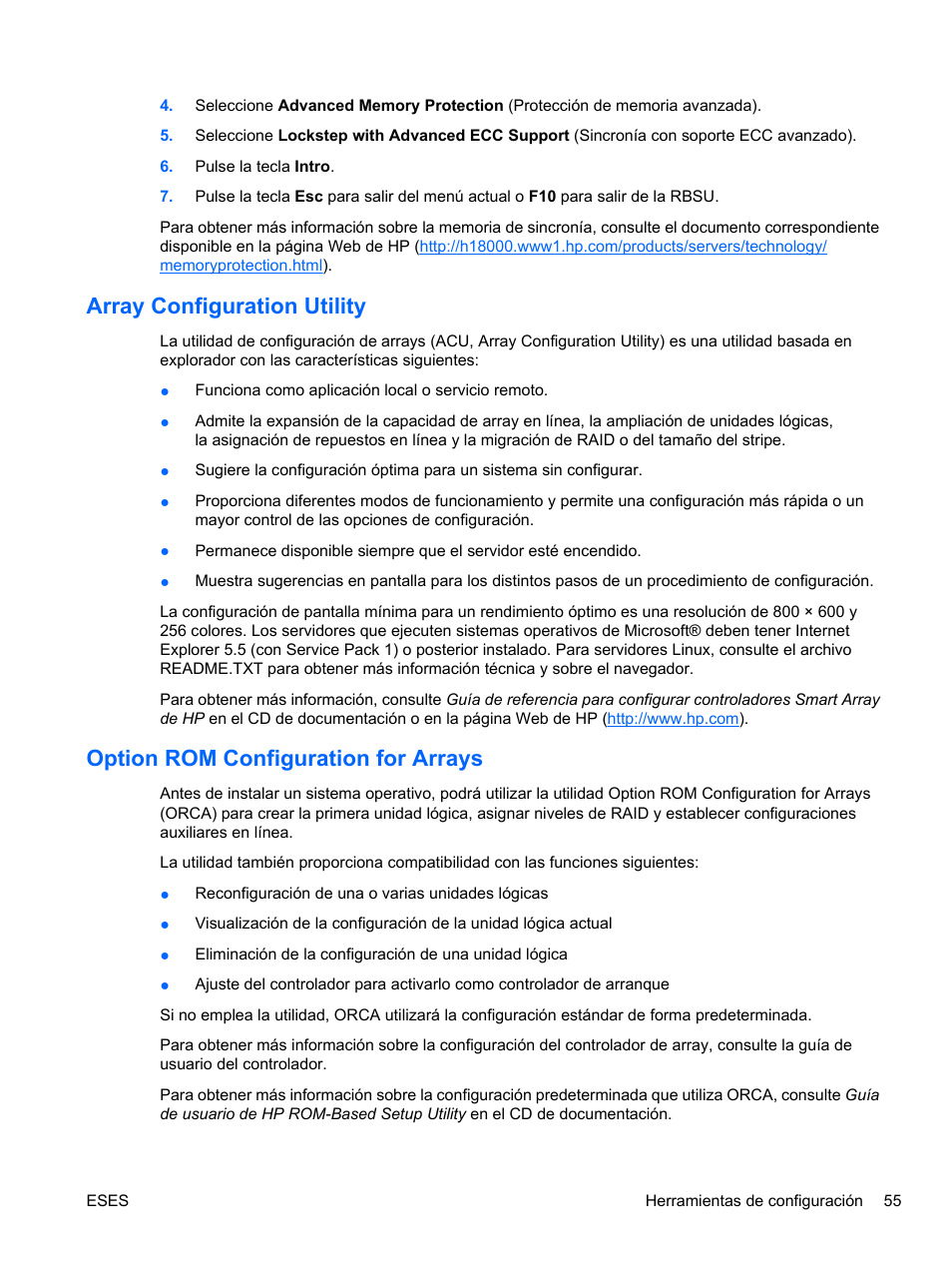 Array configuration utility, Option rom configuration for arrays, Configuration utility | HP Servidor HP ProLiant DL320 G6 Manual del usuario | Página 62 / 111