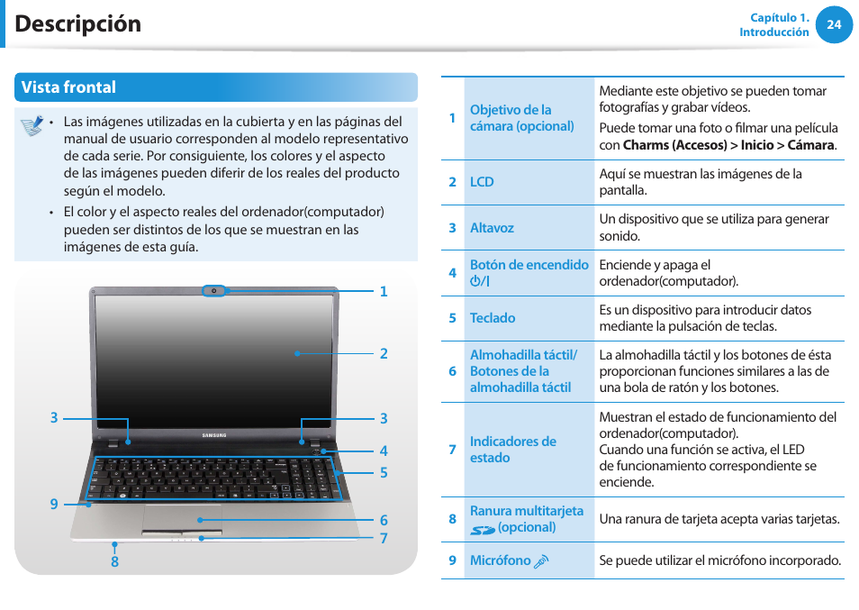 Descripción, Vista frontal | Samsung NP300E5C Manual del usuario | Página 25 / 135