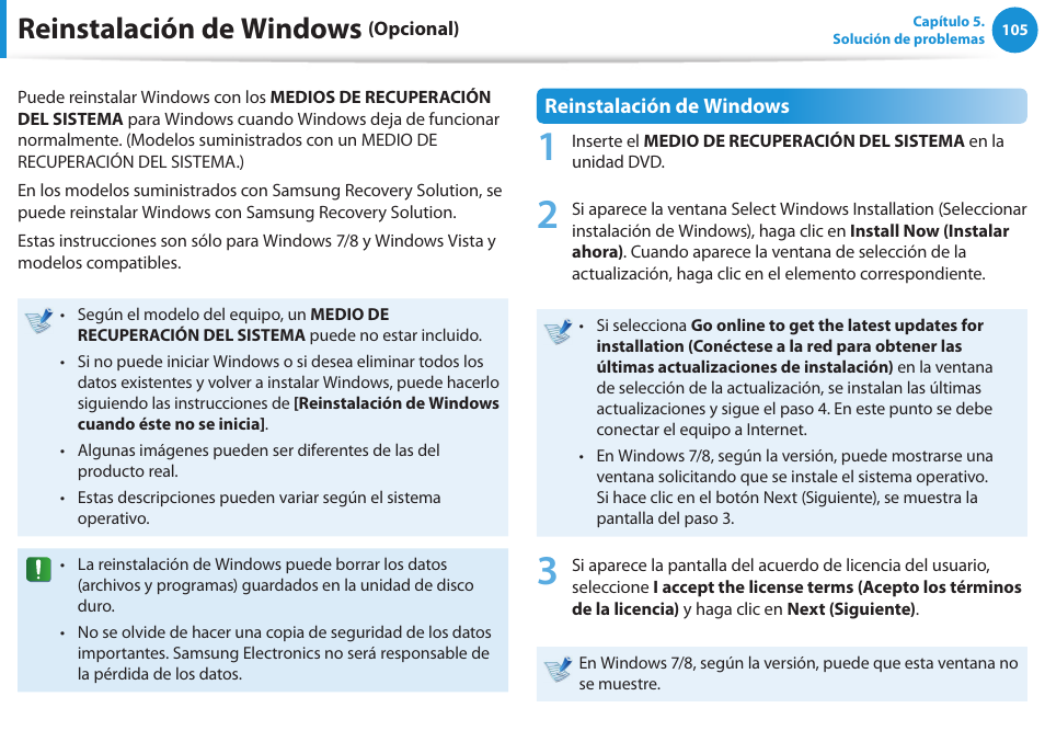Reinstalación de windows (opcional), Reinstalación de windows | Samsung NP350V5C Manual del usuario | Página 106 / 145