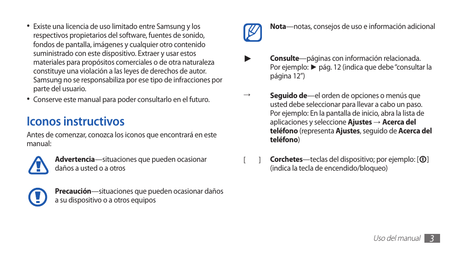 Iconos instructivos | Samsung GT-S5830 Manual del usuario | Página 3 / 132