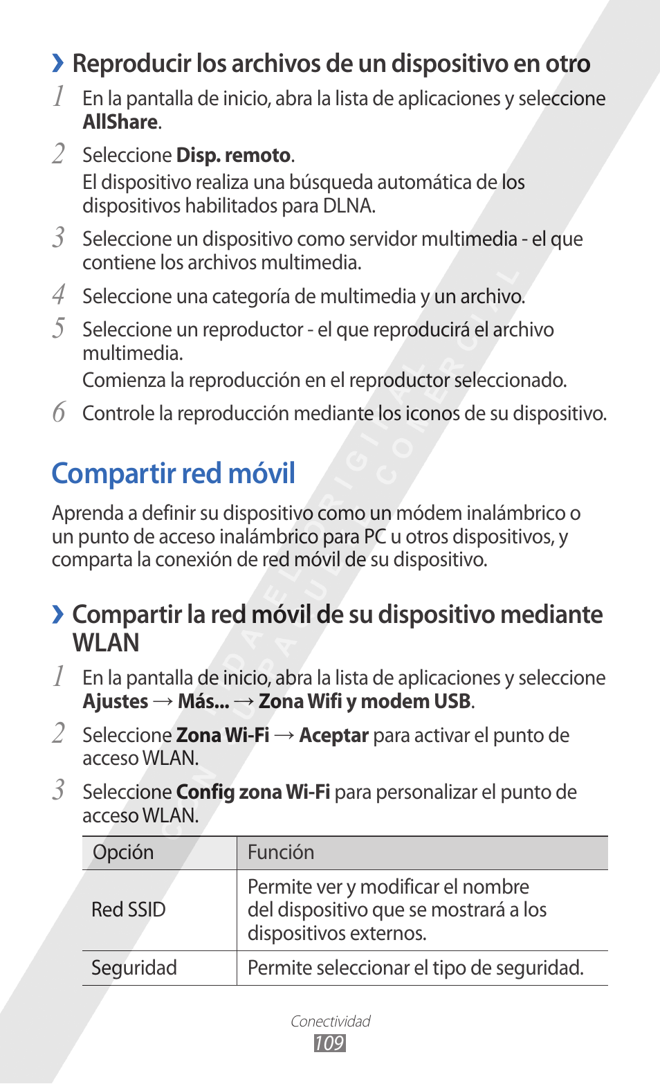6compartir red móvil, Reproducir los archivos de un dispositivo en otro | Samsung GT-I9100-M16 Manual del usuario | Página 109 / 165