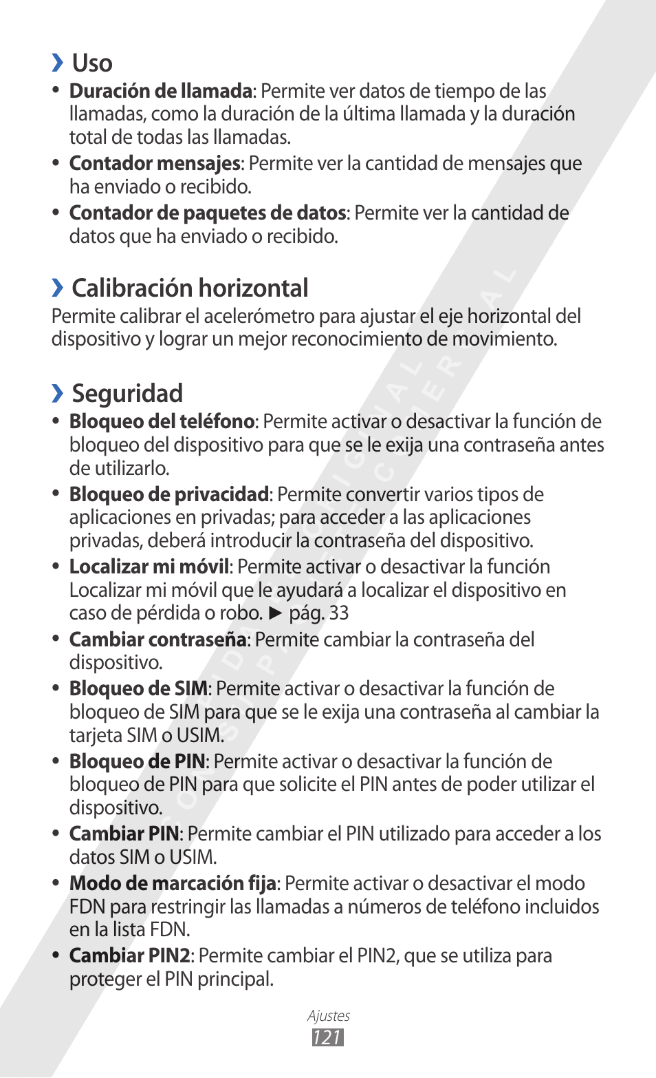 Calibración horizontal, Seguridad | Samsung GT-S8600 Manual del usuario | Página 121 / 154