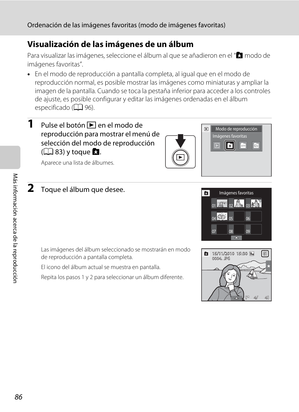 Visualización de las imágenes de un álbum, Y toque h, Toque el álbum que desee | Nikon Coolpix S1100pj Manual del usuario | Página 100 / 216