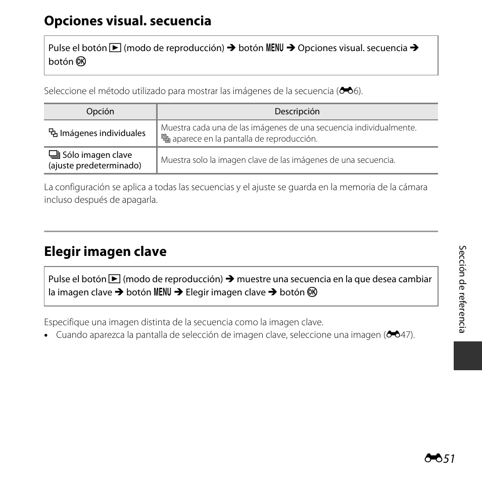 Opciones visual. secuencia, Elegir imagen clave | Nikon COOLPIX-L830 Manual del usuario | Página 151 / 204