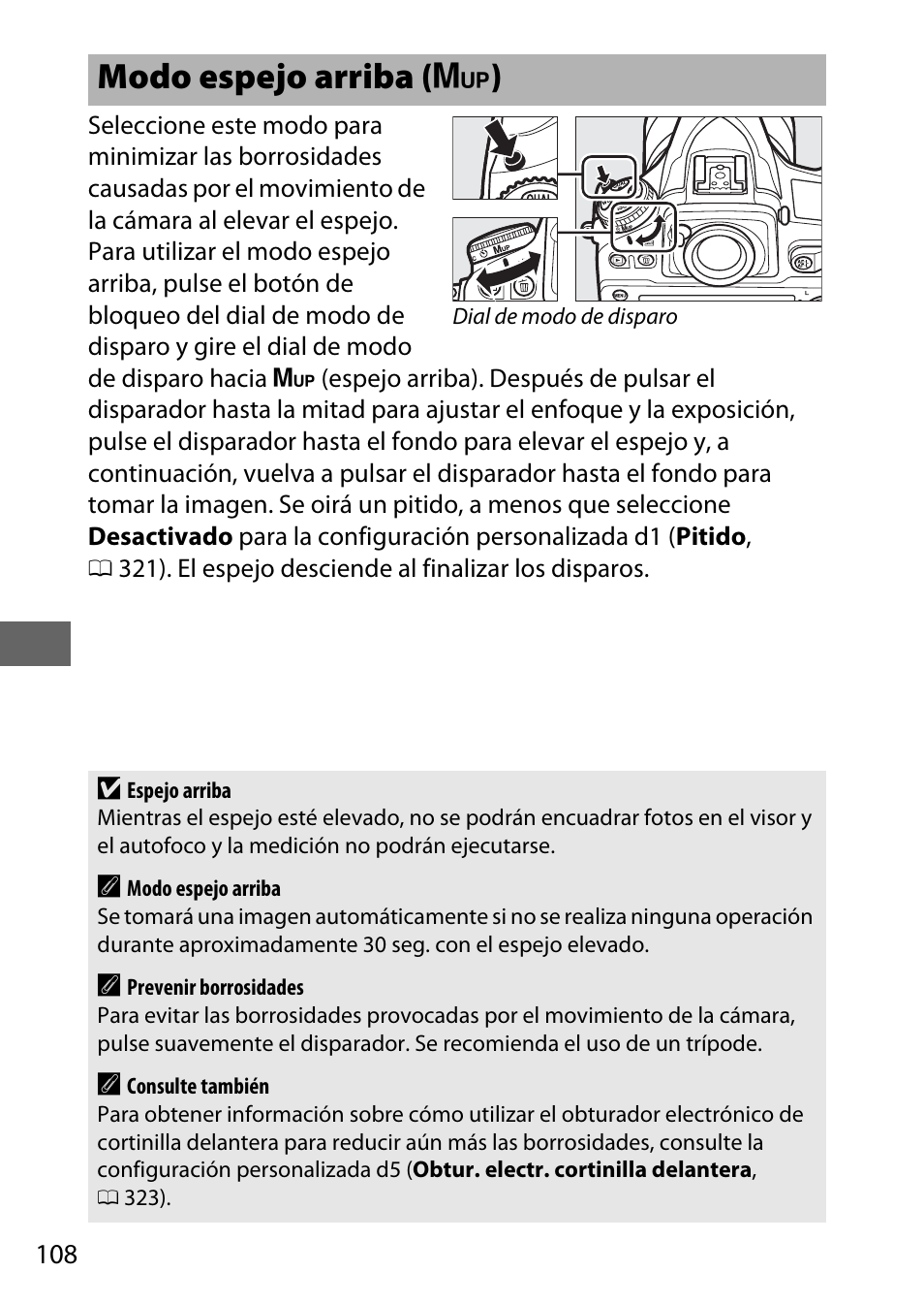 Modo espejo arriba, Borrosas, Modo espejo arriba ( v ) | Nikon D810 Manual del usuario | Página 132 / 530