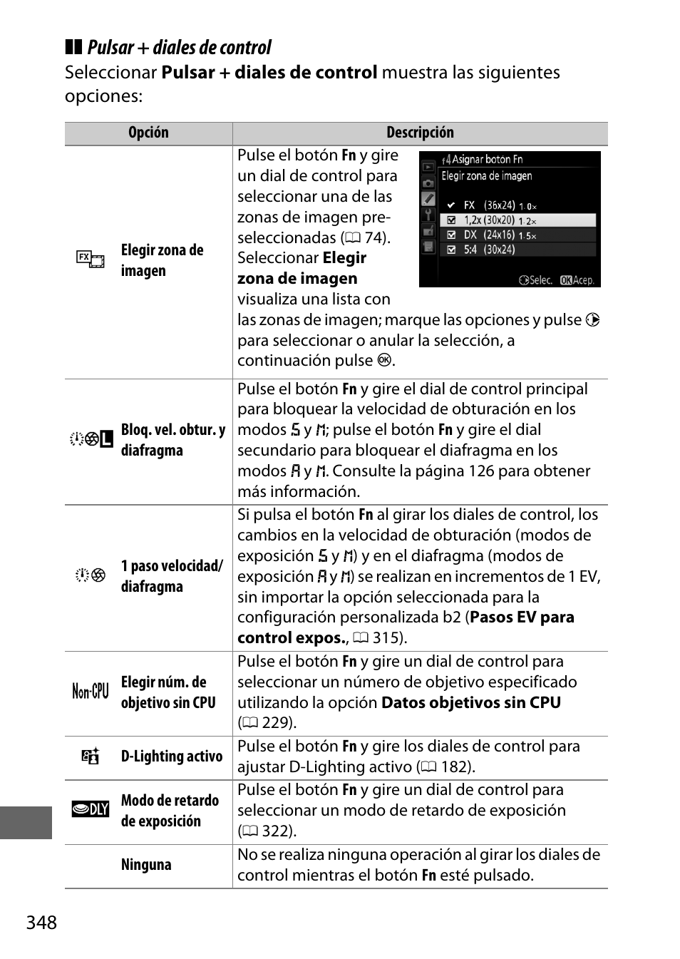 0 348). el blo, Pulsar + diales de control | Nikon D810 Manual del usuario | Página 372 / 530