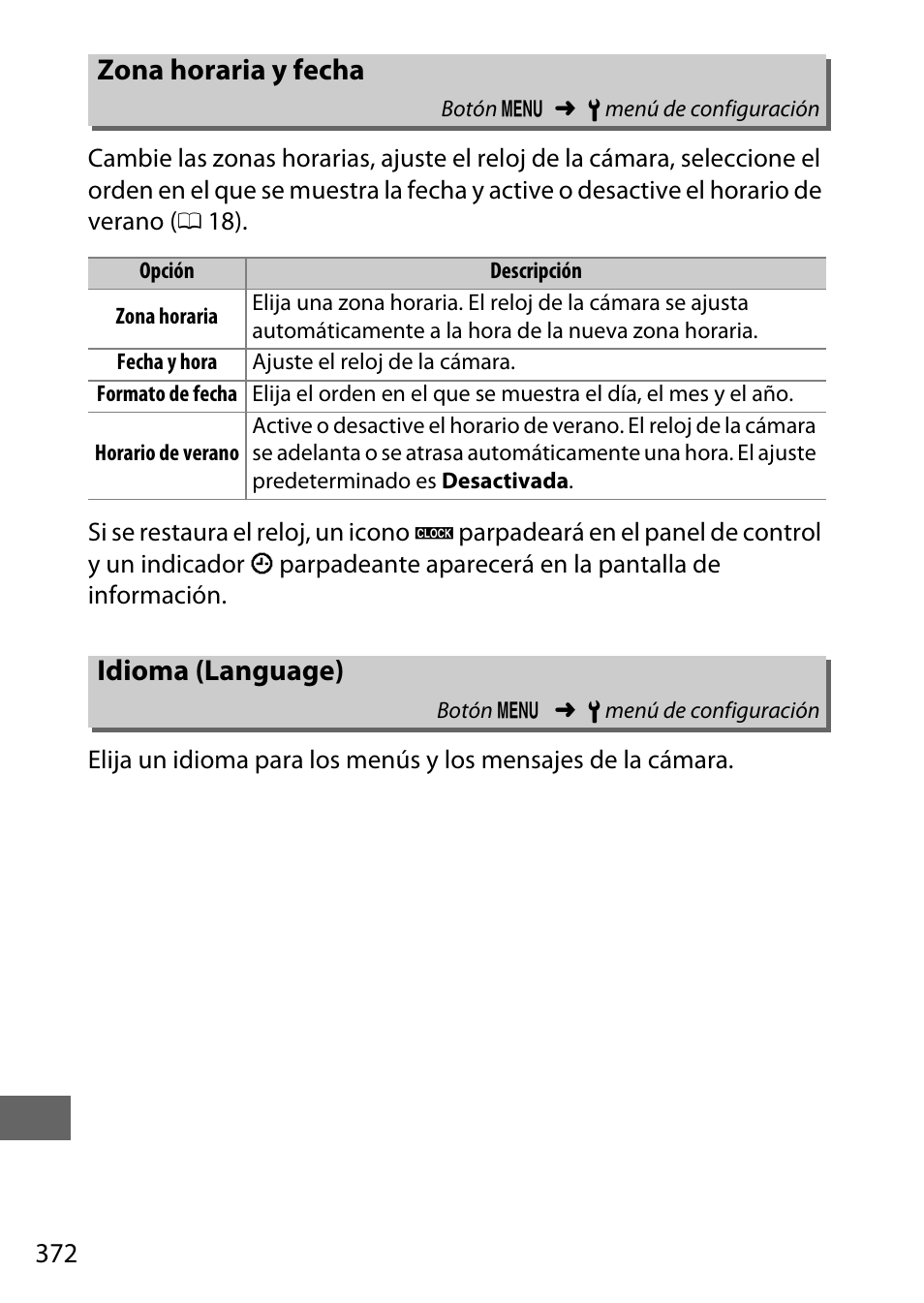 Zona horaria y fecha, Idioma (language), Verano | Nikon D810 Manual del usuario | Página 396 / 530
