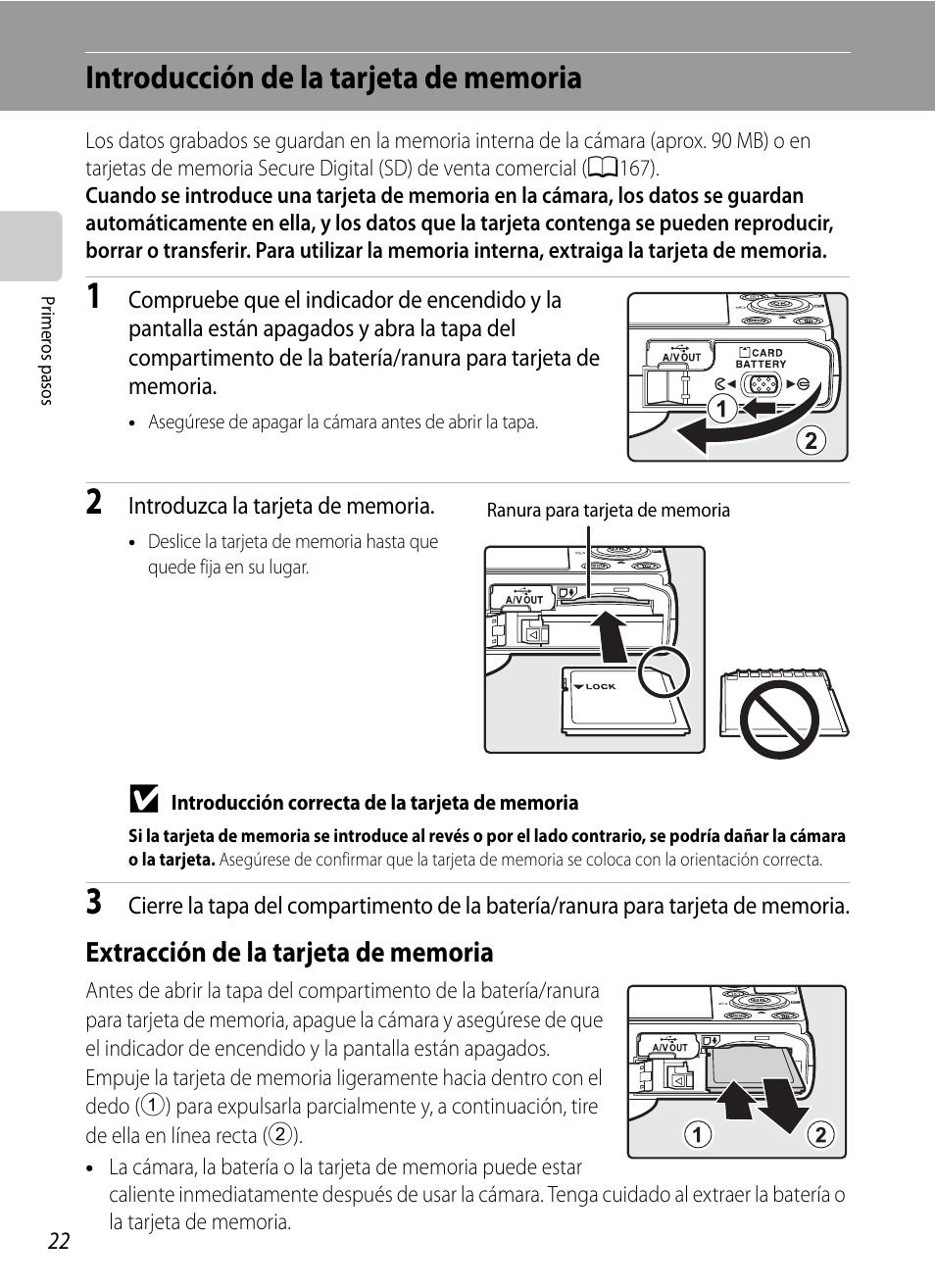 Introducción de la tarjeta de memoria, Extracción de la tarjeta de memoria | Nikon Coolpix P300 Manual del usuario | Página 34 / 200