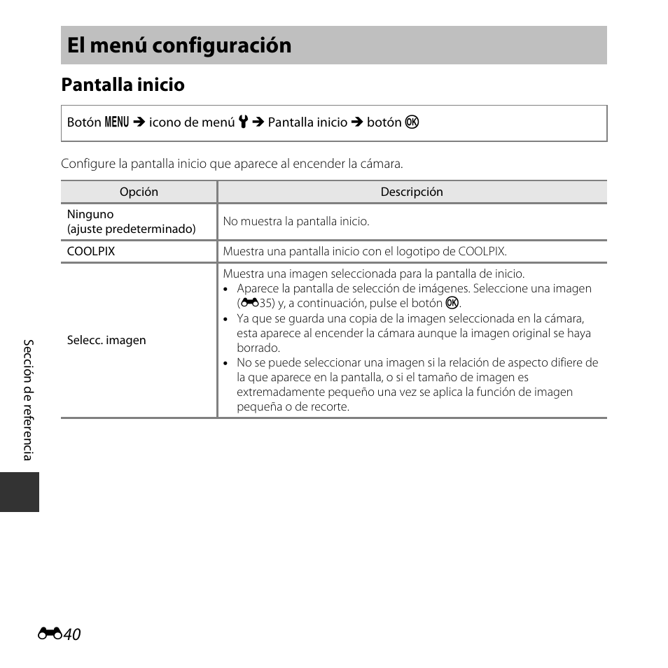 El menú configuración, Pantalla inicio | Nikon COOLPIX-L330 Manual del usuario | Página 134 / 184