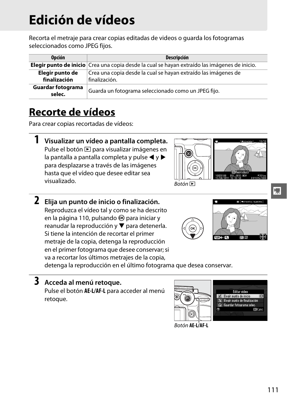 Edición de vídeos, Recorte de vídeos | Nikon D5100 Manual del usuario | Página 129 / 260