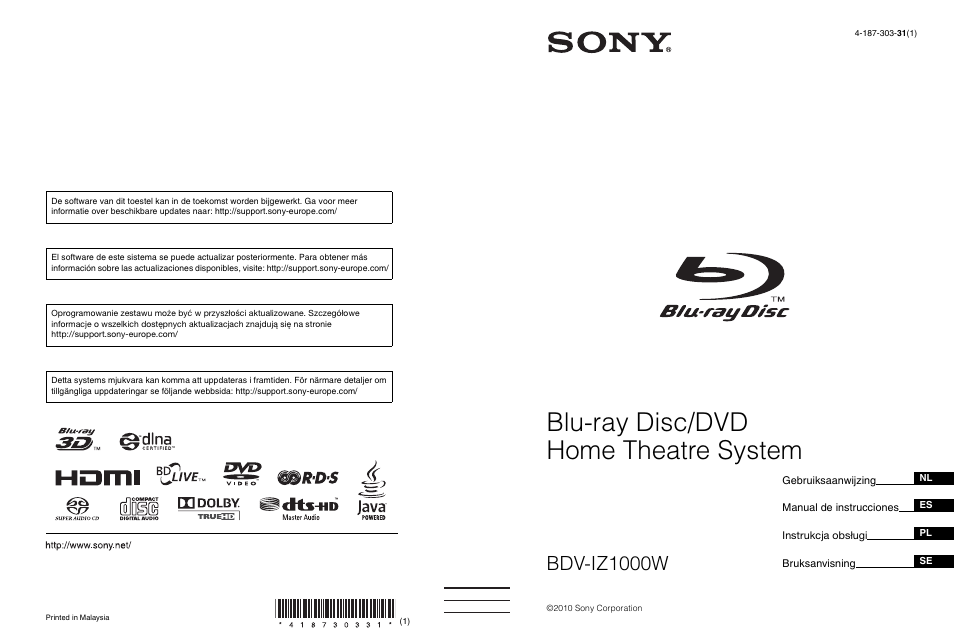 Sony BDV-IZ1000W Manual del usuario | Páginas: 371