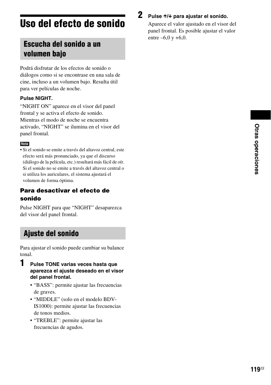 Uso del efecto de sonido, Escucha del sonido a un volumen bajo, Ajuste del sonido | Sony BDV-IS1000 Manual del usuario | Página 119 / 315