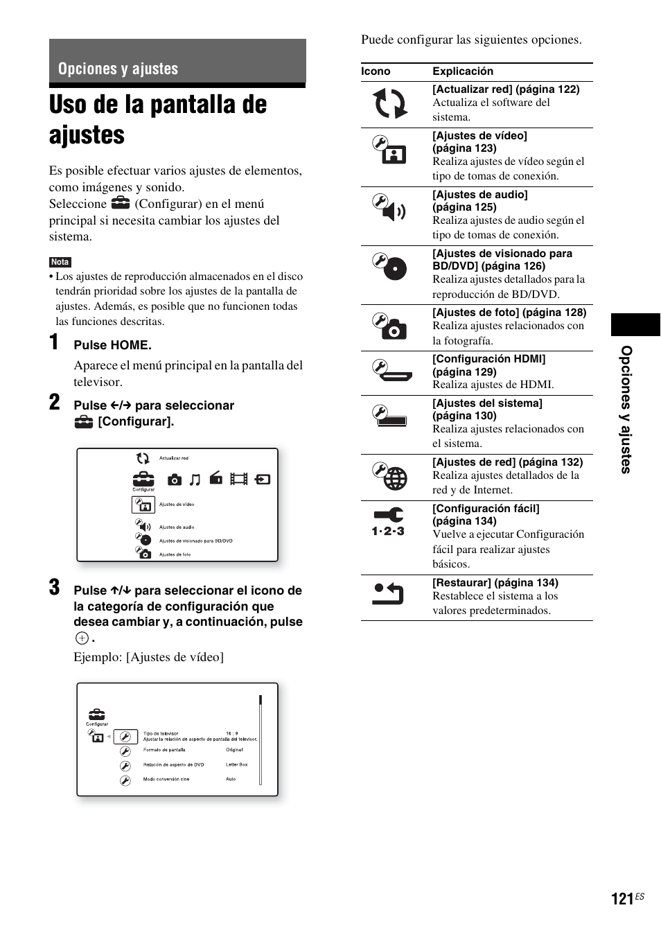 Opciones y ajustes, Uso de la pantalla de ajustes | Sony BDV-IS1000 Manual del usuario | Página 121 / 315