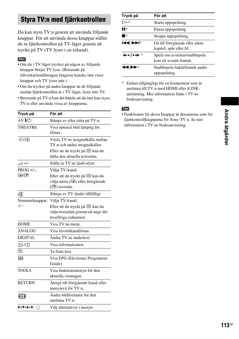Styra tv:n med fjärrkontrollen, Text) (113), An dra å tgär d er | Sony BDV-IS1000 Manual del usuario | Página 273 / 315