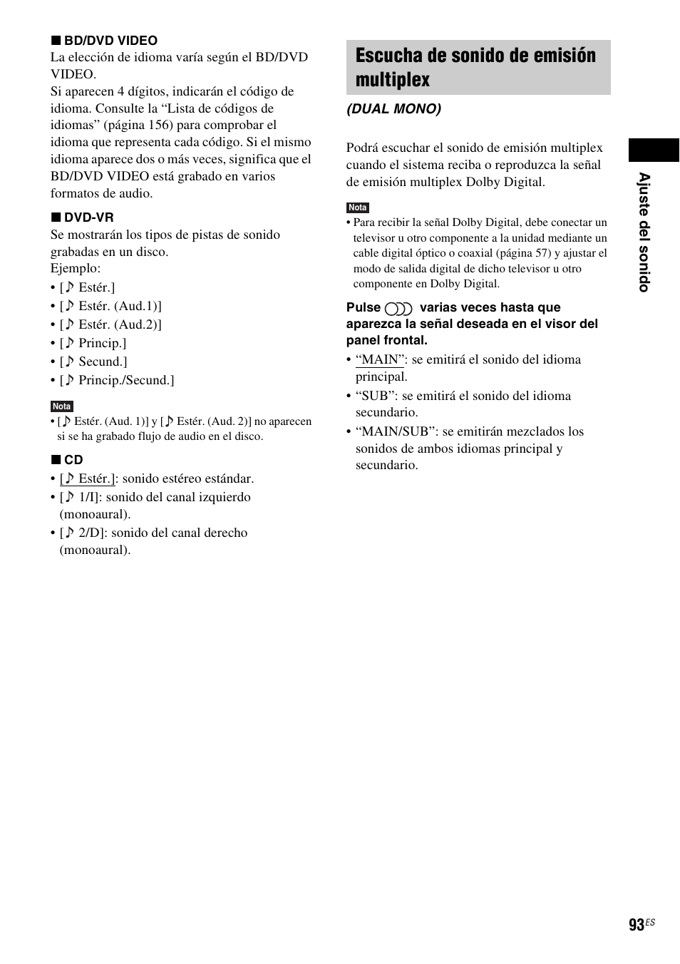 Escucha de sonido de emisión multiplex | Sony BDV-IS1000 Manual del usuario | Página 93 / 315