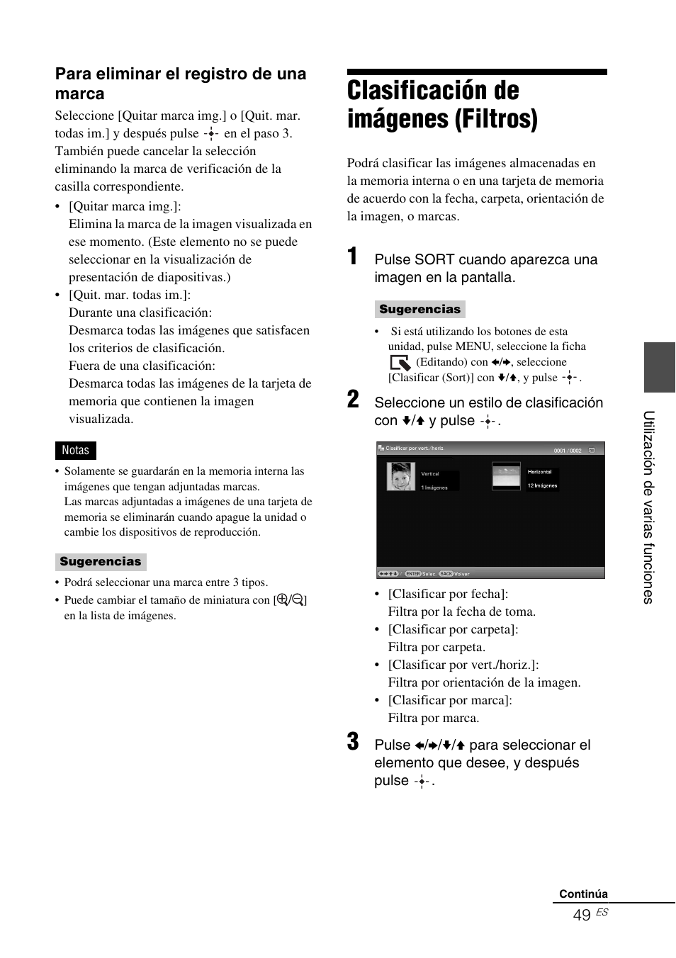 Clasificación de imágenes (filtros), Para eliminar el registro de una marca | Sony DPP-F700 Manual del usuario | Página 49 / 115