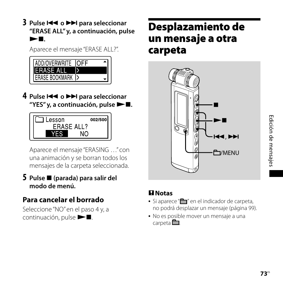 Desplazamiento de un mensaje a otra carpeta, Desplazamiento de un mensaje a otra, Carpeta | Sony ICD-SX850 Manual del usuario | Página 73 / 136