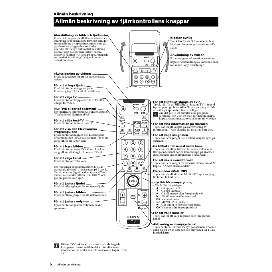Allmän beskrivning av fjärrkontrollens knappar, Allmän beskrivning | Sony KP-44PS2 Manual del usuario | Página 134 / 194
