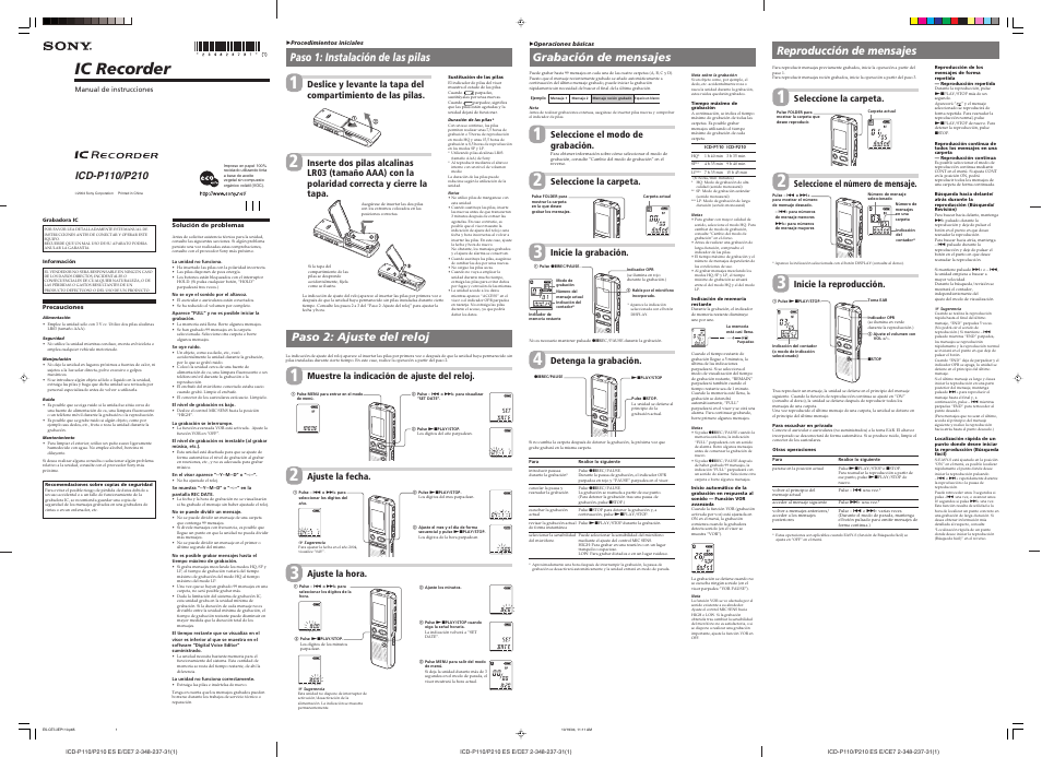 Sony ICD-P110 Manual del usuario | Páginas: 2