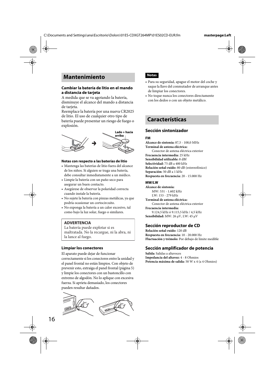 Mantenimiento, Características | Sony CDX-GT264MP Manual del usuario | Página 16 / 20