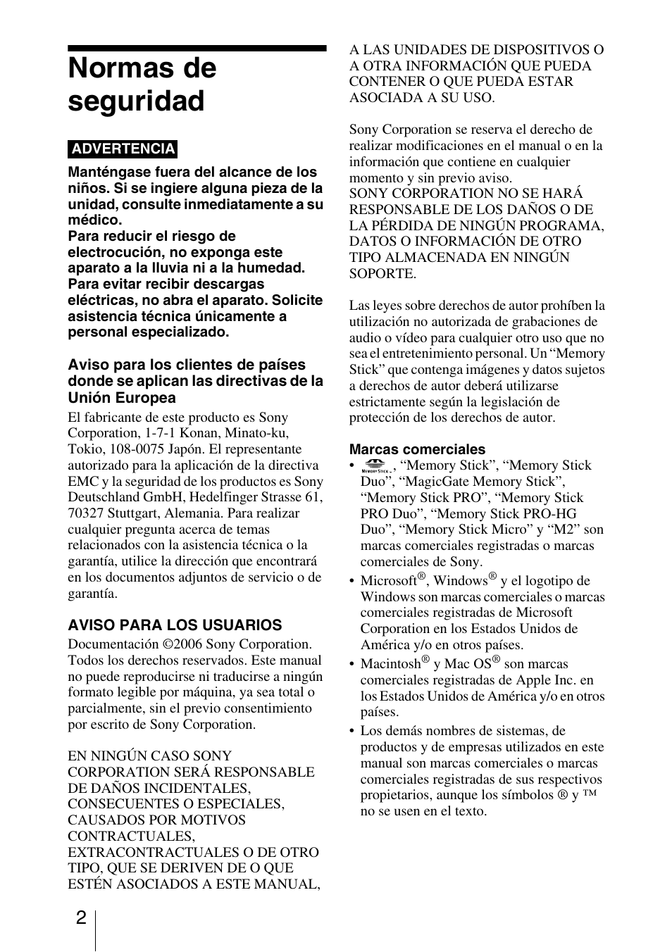 Normas de seguridad | Sony MRW62E-T2 Manual del usuario | Página 2 / 23