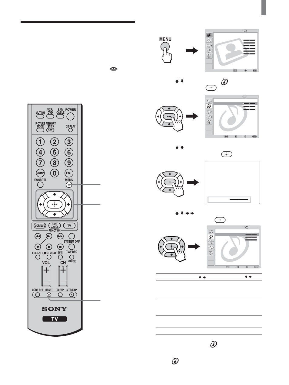 Ajuste de la calidad del sonido, Presione menu, Continúa) | Sony KLV-21SG2 Manual del usuario | Página 39 / 80