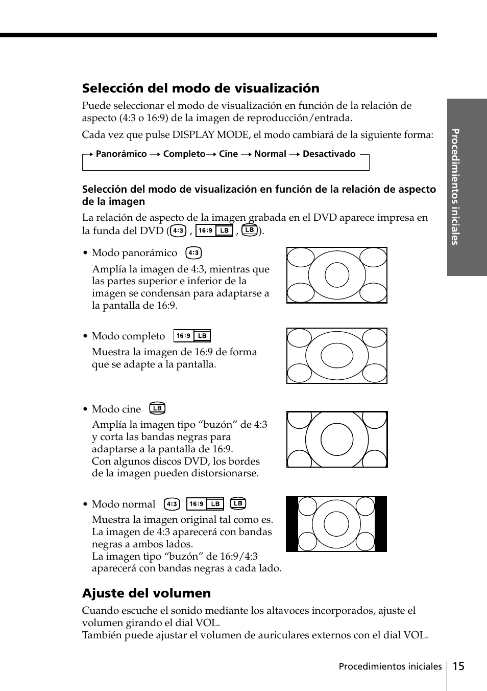 Selección del modo de visualización, Ajuste del volumen | Sony DVP-FX1 Manual del usuario | Página 15 / 120