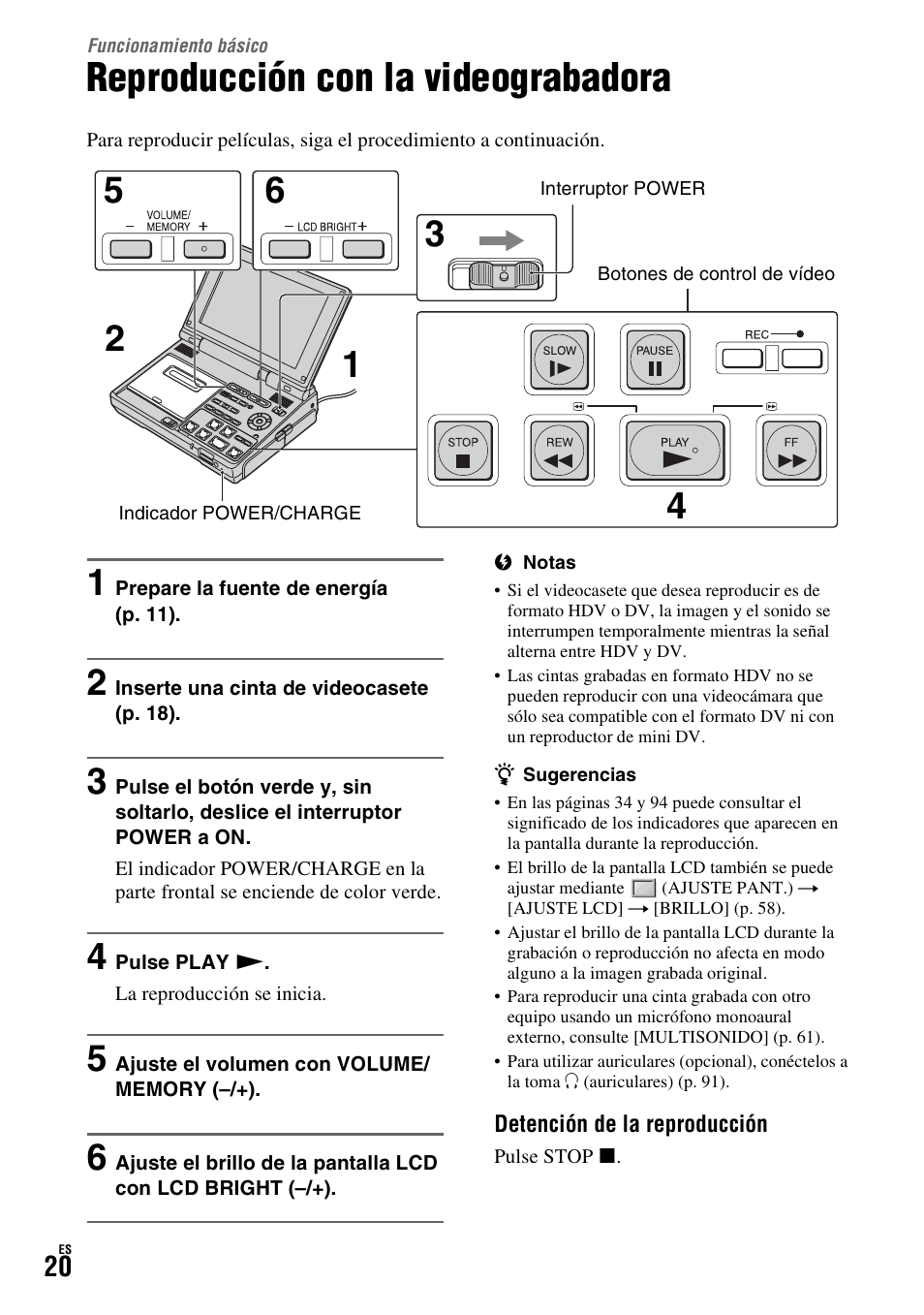Funcionamiento básico, Reproducción con la videograbadora | Sony GV-HD700E Manual del usuario | Página 20 / 199