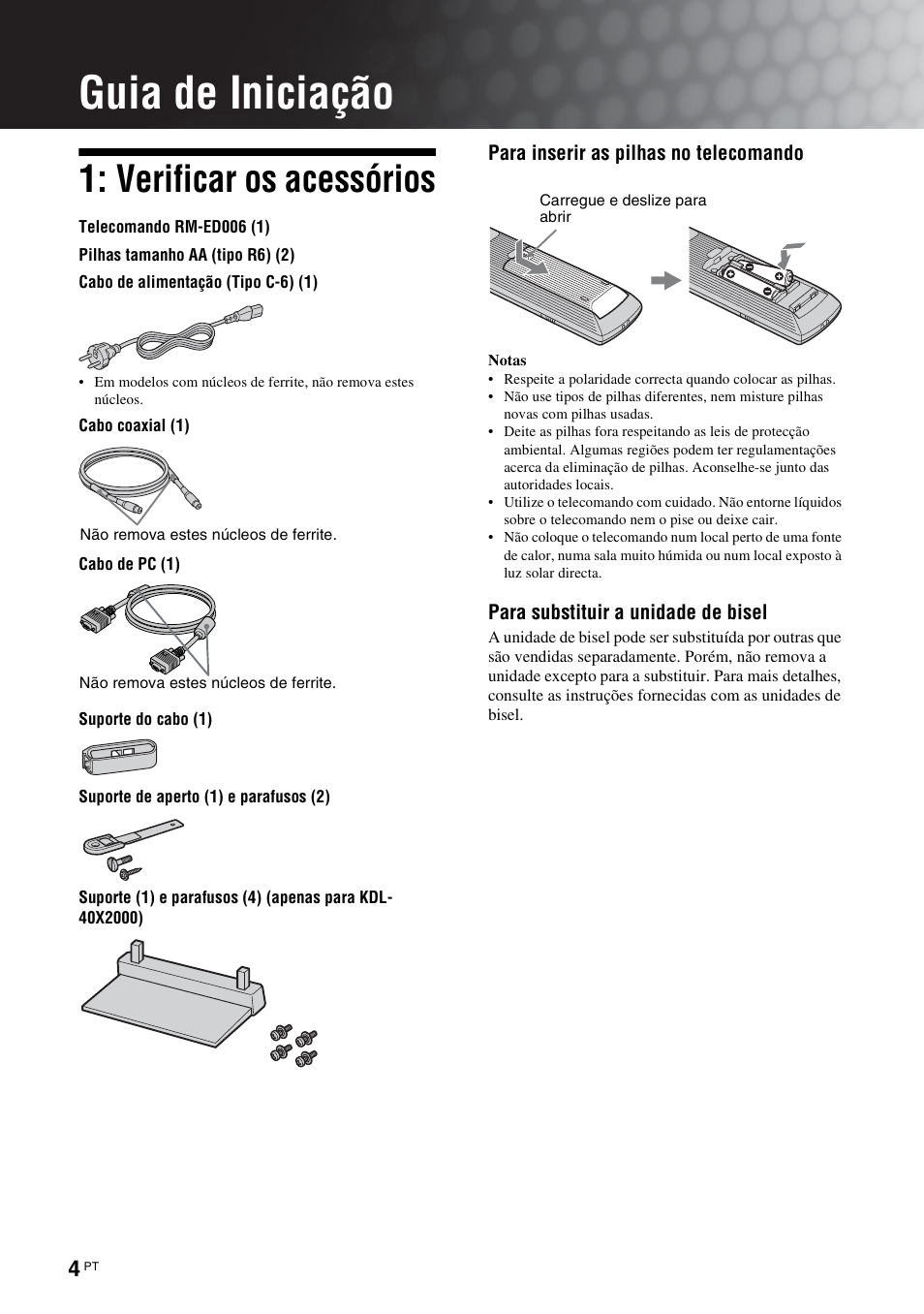 Guia de iniciação, Verificar os acessórios | Sony KDL-40X2000 Manual del usuario | Página 56 / 164
