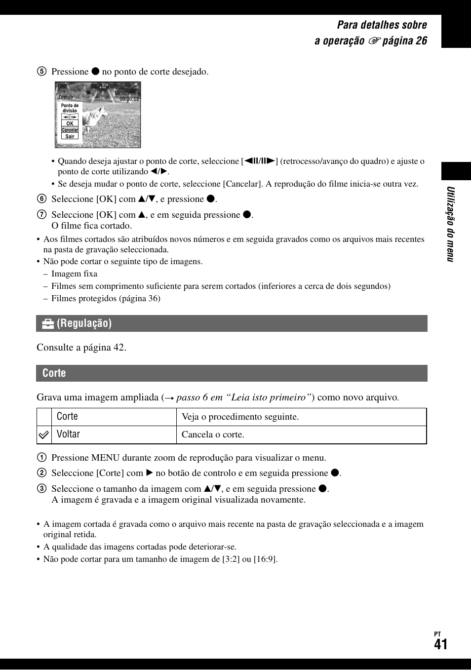 Corte, Para detalhes sobre a operação, Pági na 26 | Regulação) corte | Sony DSC-W50 Manual del usuario | Página 147 / 215