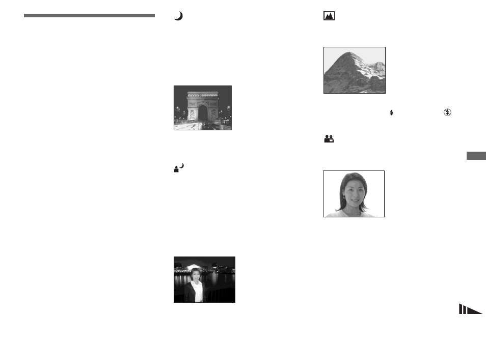 Selección de escena, Toma de imágenes de acuerdo con las, Condiciones de la escena — selección de escena | Sony DSC-V1 Manual del usuario | Página 65 / 264