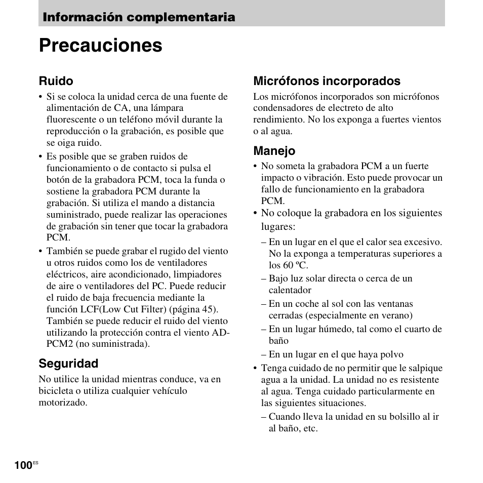 Información complementaria, Precauciones | Sony PCM-M10 Manual del usuario | Página 100 / 131