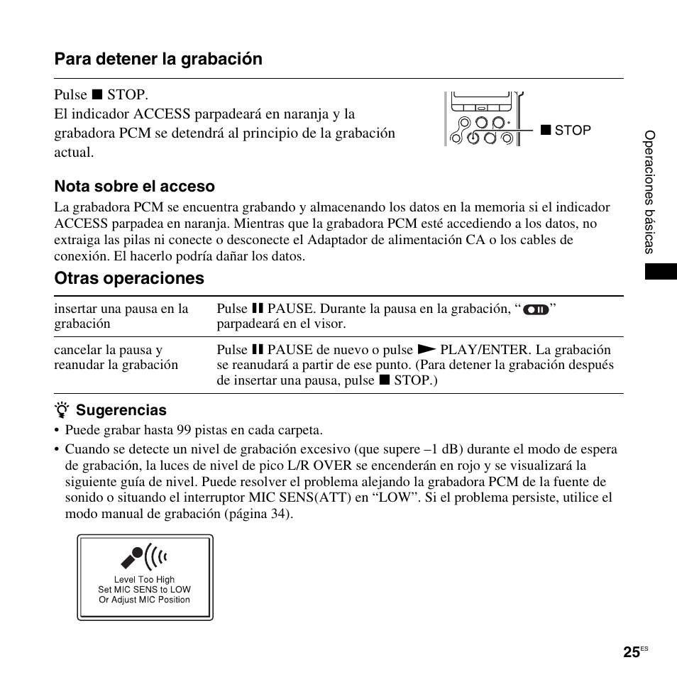 Para detener la grabación, Otras operaciones | Sony PCM-M10 Manual del usuario | Página 25 / 131